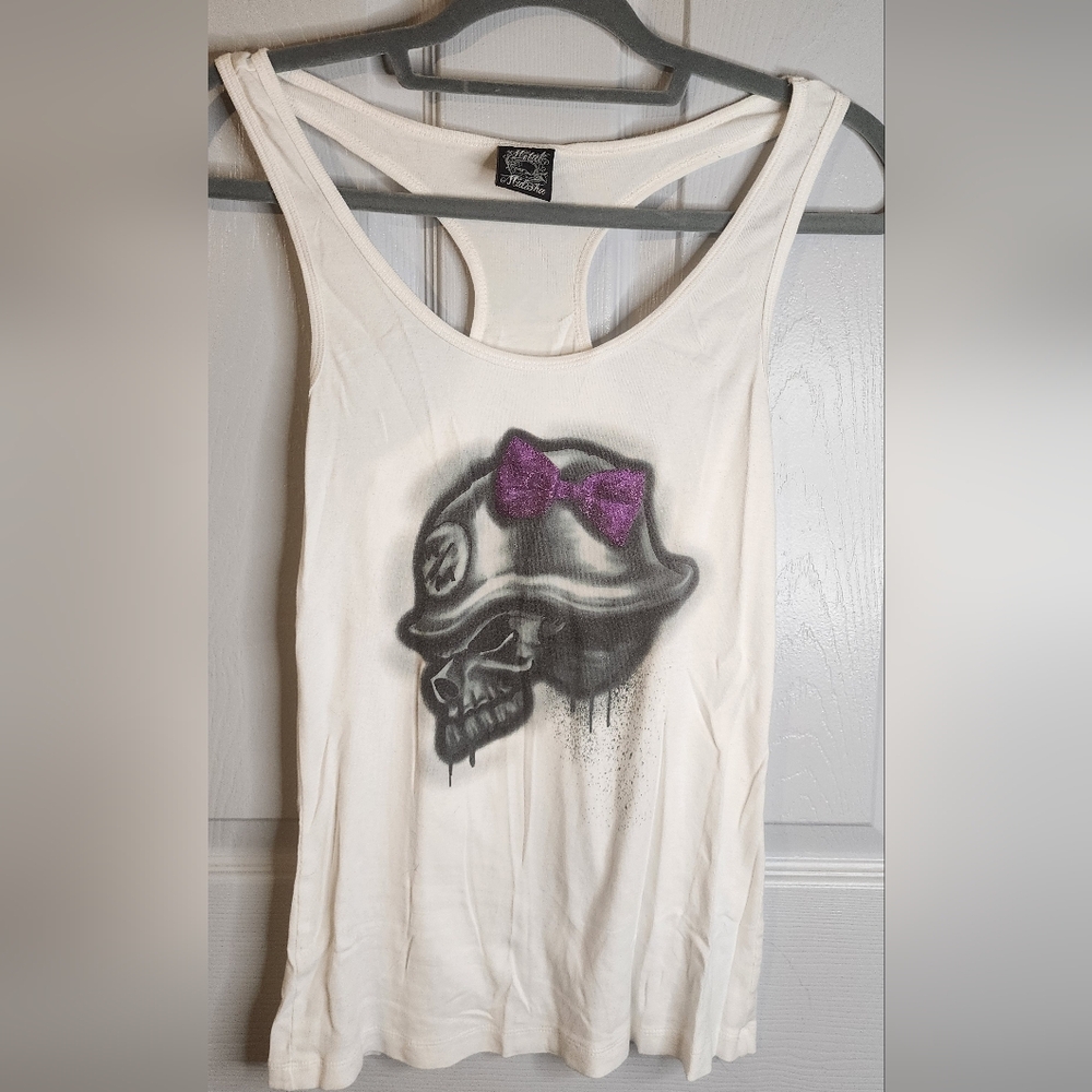 Metal Mulisha White Tank Top with Purple Bow Skull